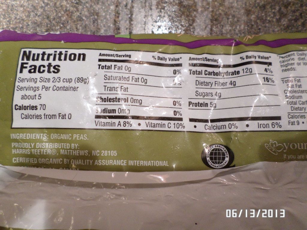 Nutrition for organic frozen English peas