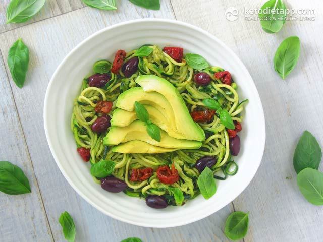 Vegan Keto veggie spiral noodles with olives and avocado